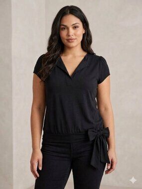 Sirens Black V-Neck Top | Short Sleeve Tie Waist Blouse | Casual | Large